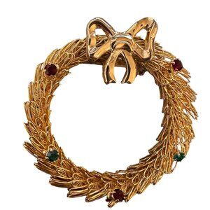 Vintage Gold Tone Wreath Brooch Bow Red Green Rhinestones Christmas Jewelry